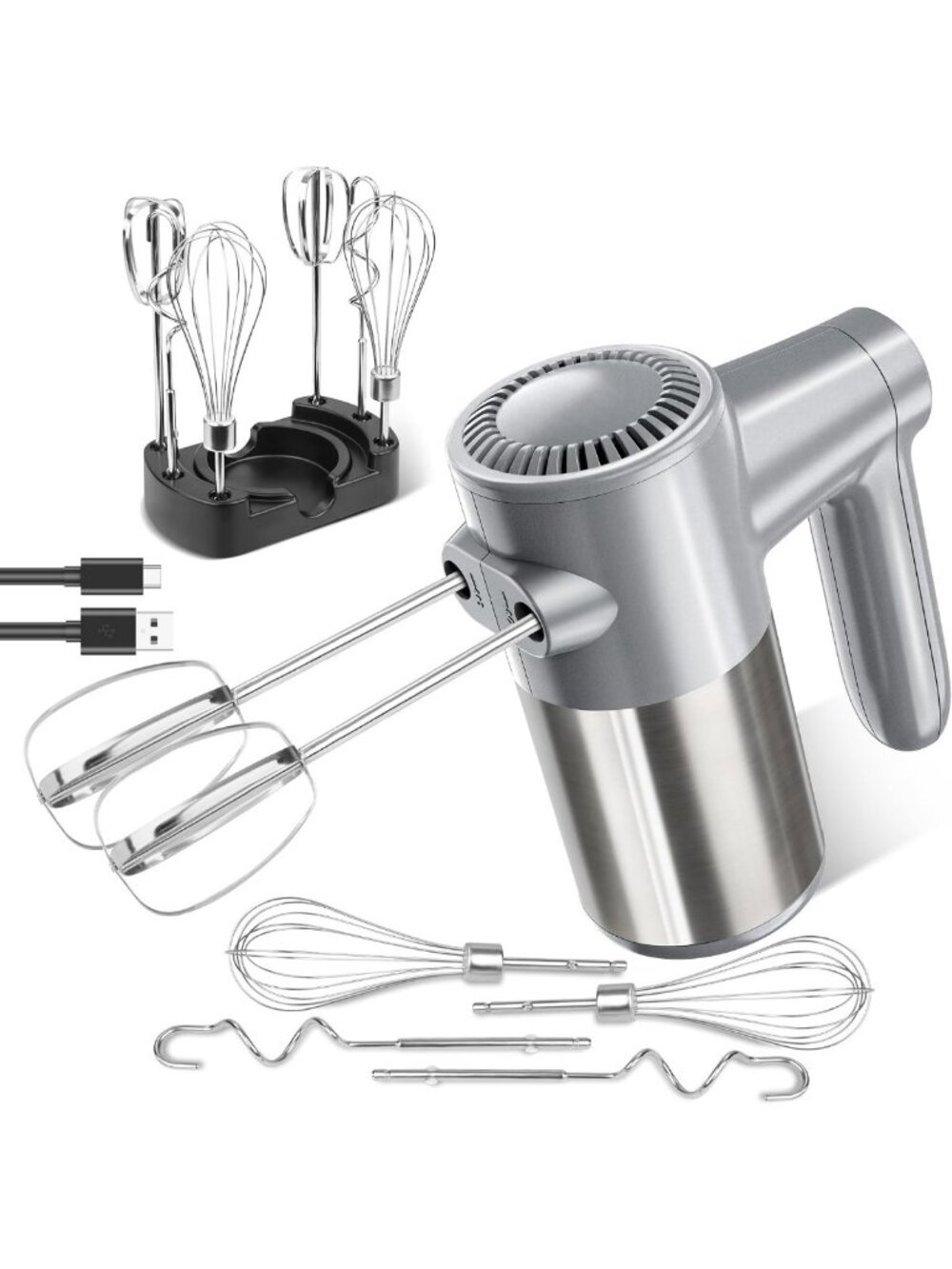 7-Speed Cordless Electric Hand Mixer with Storage Base - Silver Kitchen